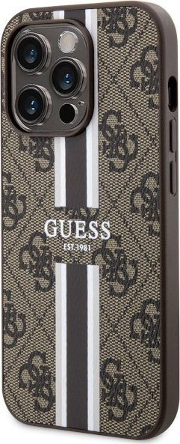 Guess case for iPhone 14 Pro 6,1" GUHMP14LP4RPSW brown harcase Magsafe 4G Printed Stripes 3666339119799