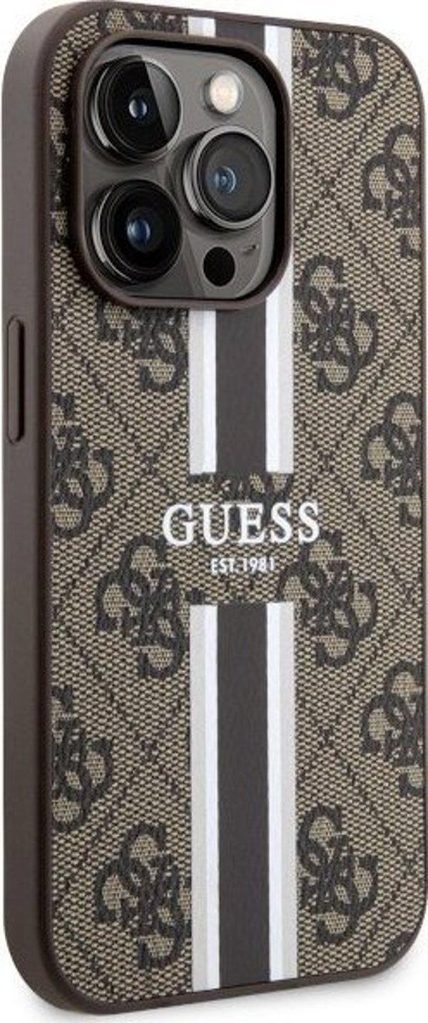 Guess case for iPhone 14 Pro 6,1" GUHMP14LP4RPSW brown harcase Magsafe 4G Printed Stripes 3666339119799