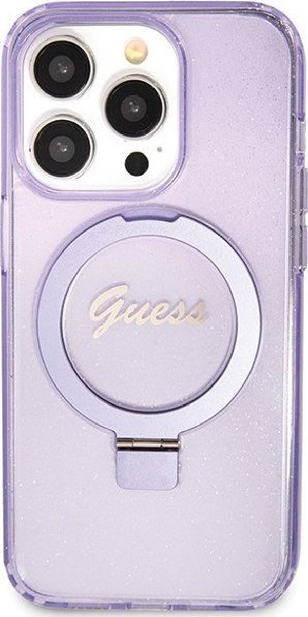 Guess Guess GUHMP15LHRSGSU iPhone 15 Pro 6.1" μοβ σκληρή θήκη Ring Stand Script Glitter MagSafe