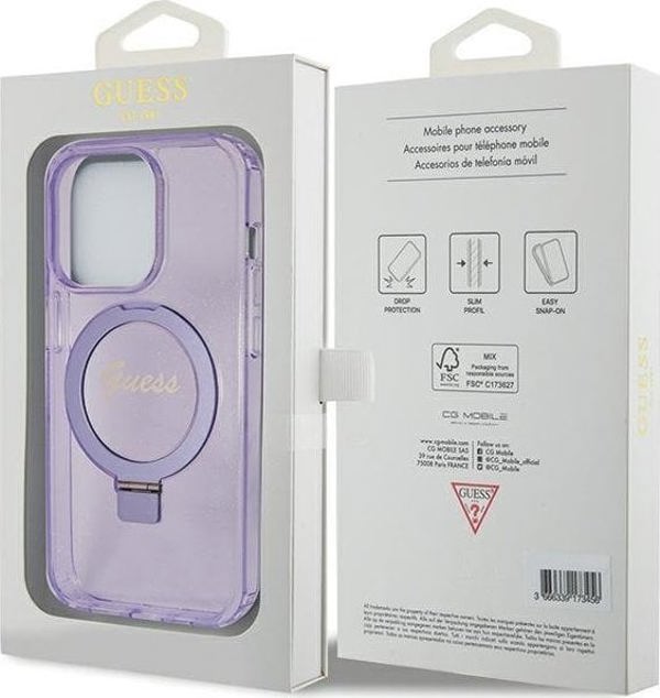 Guess Guess GUHMP15LHRSGSU iPhone 15 Pro 6.1" μοβ σκληρή θήκη Ring Stand Script Glitter MagSafe