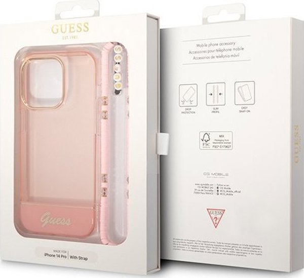 Guess Θήκη Guess GUHCP14LHGCOHP Apple iPhone 14 Pro ροζ/ροζ σκληρή θήκη Διαφανής Μαργαριταρένιος Ιμάντας