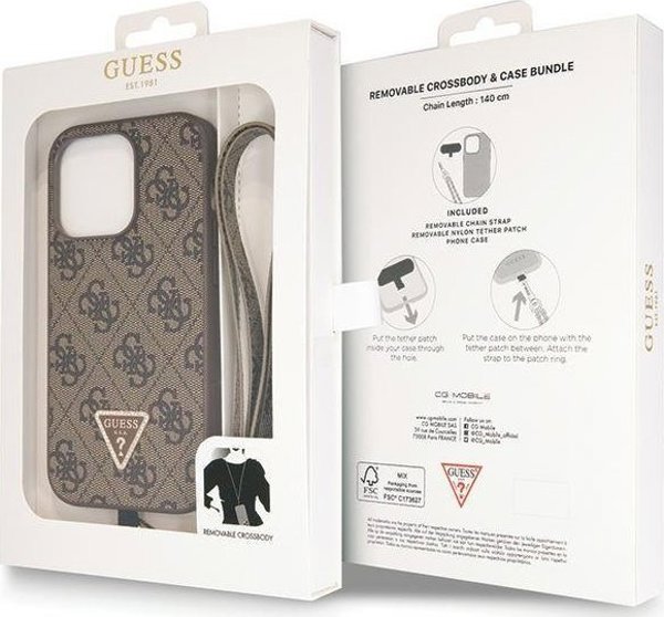 Guess case for iPhone 14 Pro 6,1" GUHCP14LP4TDSCPW brown HC PU Leather Metal Logo Strass Crossbody 3666339146924