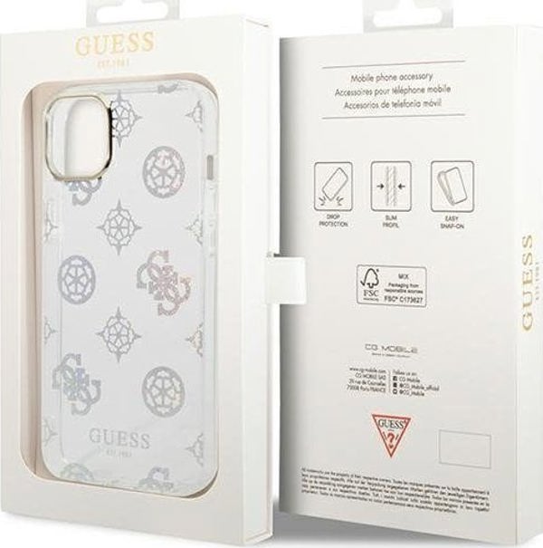 Guess Etui Guess do iPhone 14 Plus 6,7" przezroczysty/transparent hard case Peony Glitter