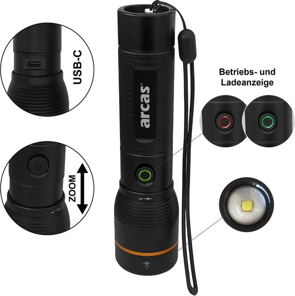 Φακός χειρός, 20W, επαναφορτιζόμενος USB-C, μαύρος, ARCAS