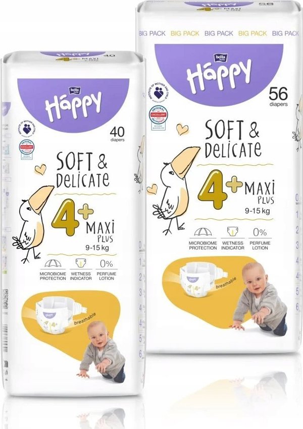 Happy Πάνες HAPPY Maxi Plus (9-15kg) 56τμχ, μέγεθος 4+ ΝΕΟ, BB-054-LX56-W01
