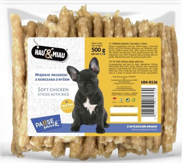 Λιχουδιά Hau&Miau Pausesnack για σκύλους, μαλακά μπαστούνια με κοτόπουλο και ρύζι 500 γρ. 8040345 5904479081360