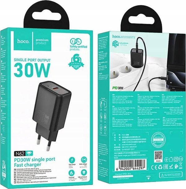 Φορτιστής τοίχου HOCO Τύπου C PD QC 30W N62 μαύρος