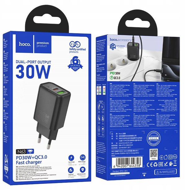 HOCO wall charger USB A+Type C PD QC3.0 3A 30W N63 black N63 black (6942007644358)