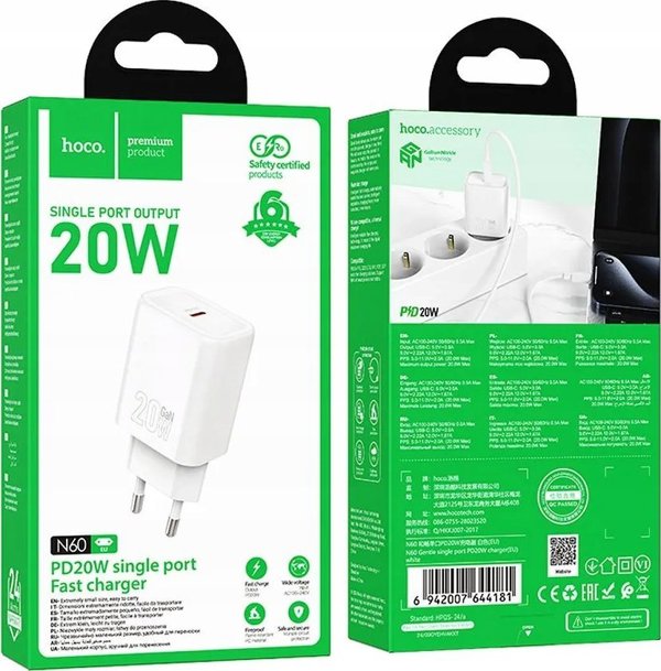 HOCO φορτιστής τοίχου Τύπος C PD QC 20W N60 λευκό