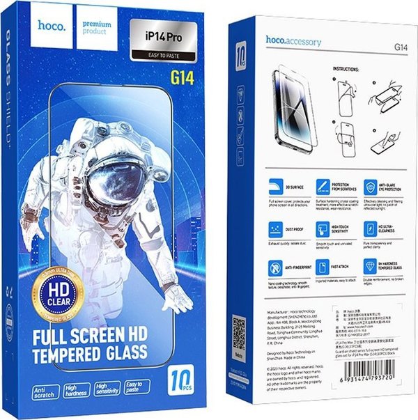 Hoco HOCO προστατευτικό γυαλί HD 5D Guardian shield (SET 10in1) - για iPhone 14 Pro μαύρο (G14)
