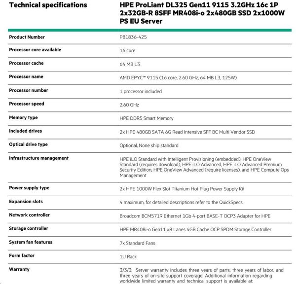 HPE PL DL325g11 AMD Epyc 9115 (2.6-4.1/16C) 2x32G 6400 2x480G 2x1000W MR408i-o/4G 8SFF 4p1Gocp Smart Choice