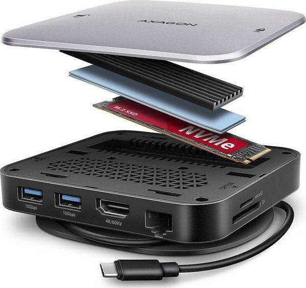 Axagon HMC-UFO USB-C Hub 10Gbps, 2x USB-A, HDMI 4K/60Hz, RJ-45, M.2 NVMe/SATA Slot, SD/MicroSD, Audio, PD 100W, Καλώδιο 65cm