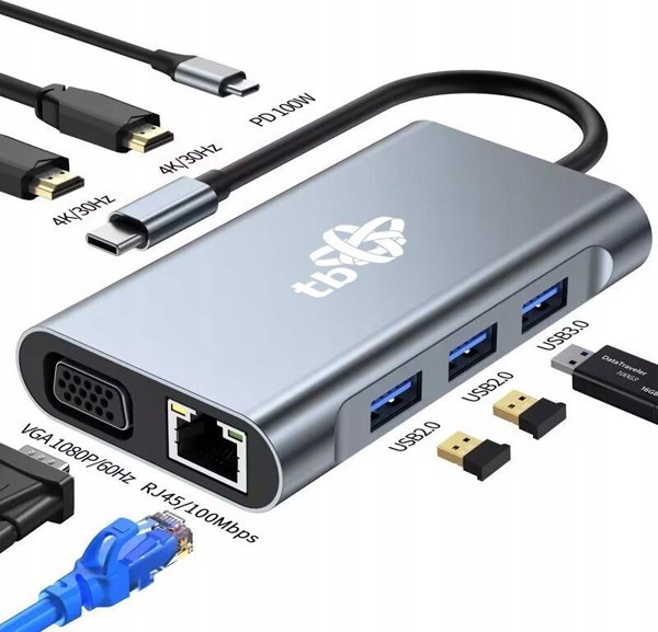 Προσαρμογέας HUB USB TB Print HUB USB C 8w1 HDMIx2 USB VGA RJ45 PD