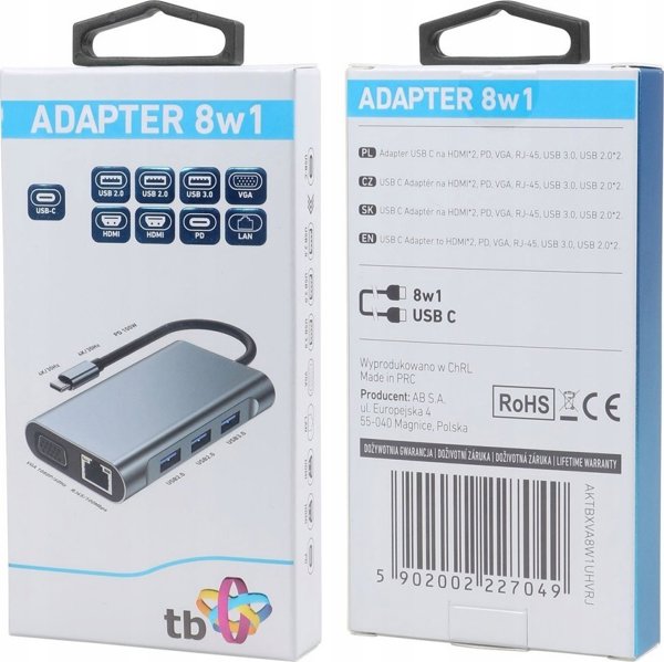 Προσαρμογέας HUB USB TB Print HUB USB C 8w1 HDMIx2 USB VGA RJ45 PD