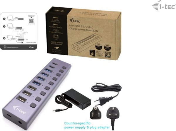 HUB USB I-TEC 1x RJ-45 + 7x USB-A 3.0 3.2 Gen1 3.1 Gen1 (CACHARGEHUB9LAN)
