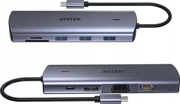 HUB USB Unitek 9σε1 USB C Gigabit Ethernet HDMI VGA 3x USB A αναγνώστης καρτών PD 100W