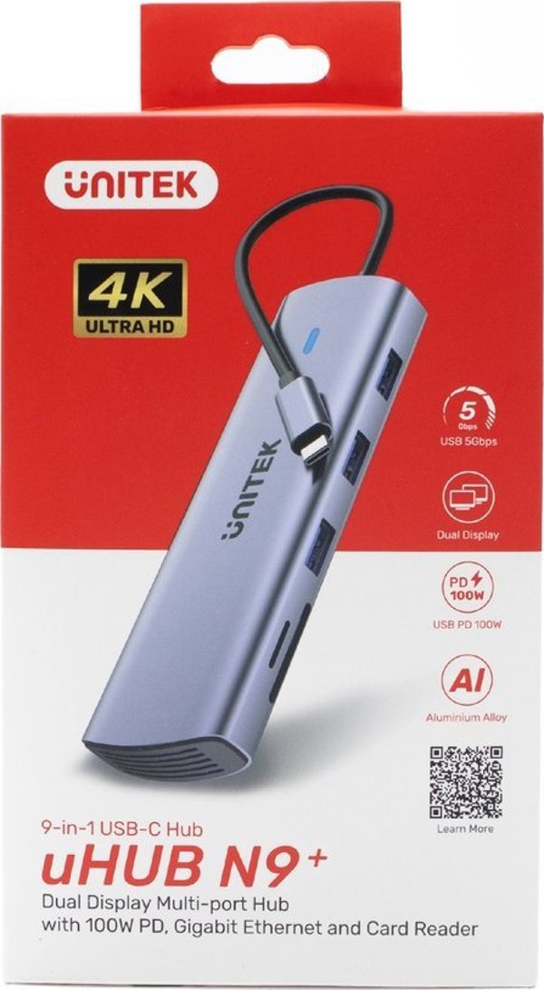HUB USB Unitek 9σε1 USB C Gigabit Ethernet HDMI VGA 3x USB A αναγνώστης καρτών PD 100W