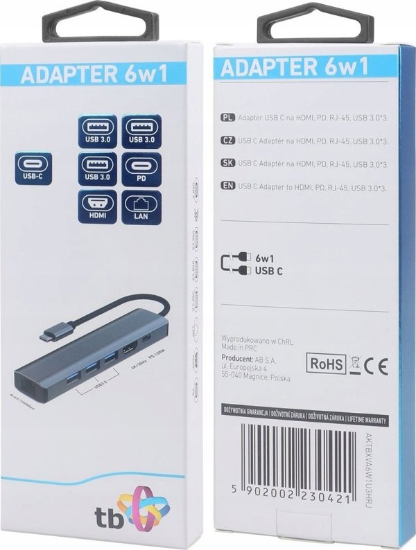 Προσαρμογέας HUB USB TB Print HUB USB C 6w1 - HDMI, USBx3, PD, RJ-45