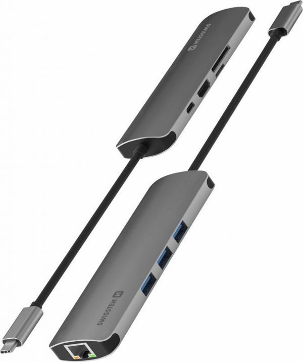HUB USB Sourcing Swissten USB-C Splitter 8in1 with 3X USB 3.0 / 1X USB-C Power Delivery / 1X microSD / 1X SD / 1x HDMI 4K / 1x LAN RJ45 / Aluminum housing