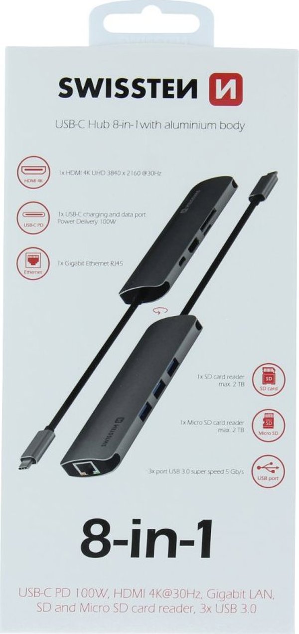 HUB USB Sourcing Swissten USB-C Splitter 8in1 with 3X USB 3.0 / 1X USB-C Power Delivery / 1X microSD / 1X SD / 1x HDMI 4K / 1x LAN RJ45 / Aluminum housing