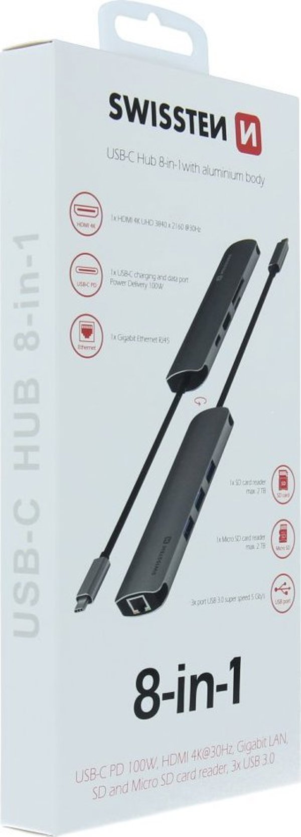 HUB USB Sourcing Swissten USB-C Splitter 8in1 with 3X USB 3.0 / 1X USB-C Power Delivery / 1X microSD / 1X SD / 1x HDMI 4K / 1x LAN RJ45 / Aluminum housing