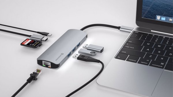 HUB USB Sourcing Swissten USB-C Splitter 8in1 with 3X USB 3.0 / 1X USB-C Power Delivery / 1X microSD / 1X SD / 1x HDMI 4K / 1x LAN RJ45 / Aluminum housing