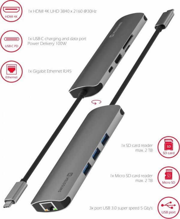 HUB USB Sourcing Swissten USB-C Splitter 8in1 with 3X USB 3.0 / 1X USB-C Power Delivery / 1X microSD / 1X SD / 1x HDMI 4K / 1x LAN RJ45 / Aluminum housing