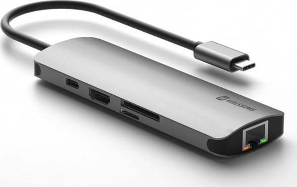 HUB USB Sourcing Swissten USB-C Splitter 8in1 with 3X USB 3.0 / 1X USB-C Power Delivery / 1X microSD / 1X SD / 1x HDMI 4K / 1x LAN RJ45 / Aluminum housing