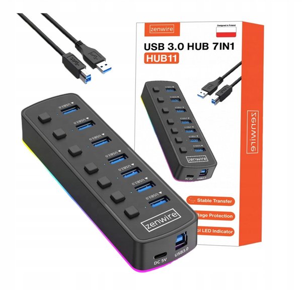HUB 7x USB 3.0 Ενεργός 7σε1 Διανομέας Θυρών USB-C με RGB LED 5GB