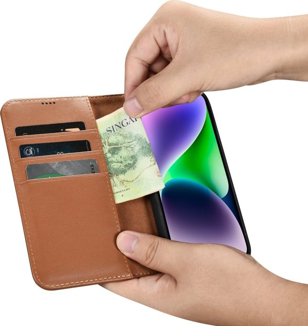 iCarer iCarer Wallet Case 2in1 θήκη iPhone 14 Plus δερμάτινη θήκη με καπάκι Anti-RFID καφέ (WMI14220727-BN)