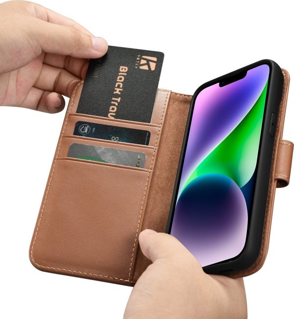iCarer iCarer Wallet Case 2in1 θήκη iPhone 14 Plus δερμάτινη θήκη με καπάκι Anti-RFID καφέ (WMI14220727-BN)