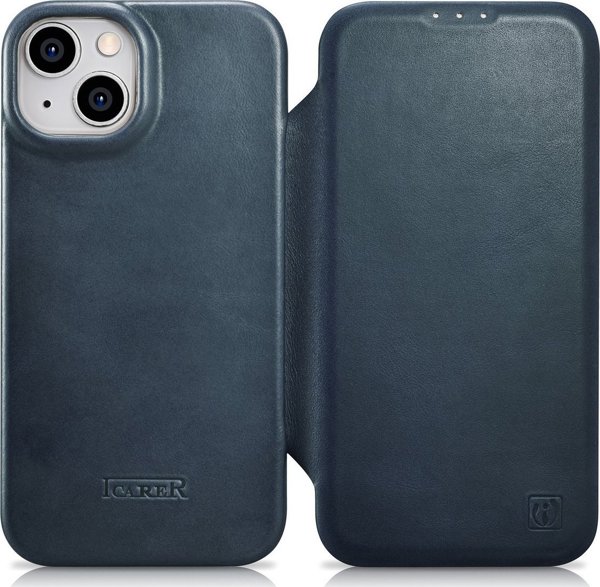 iCarer iCarer CE Oil Wax Premium Leather Folio Case δερμάτινη θήκη iPhone 14 Plus με μαγνητικό καπάκι MagSafe μπλε (AKI14220707-BU)