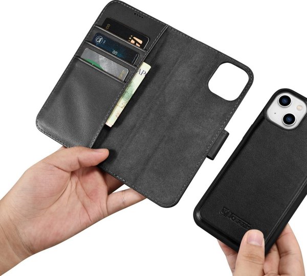 iCarer iCarer Θήκη Πορτοφόλι 2σε1 θήκη iPhone 14 Plus δερμάτινη θήκη με καπάκι Anti-RFID μαύρο (WMI14220727-BK)