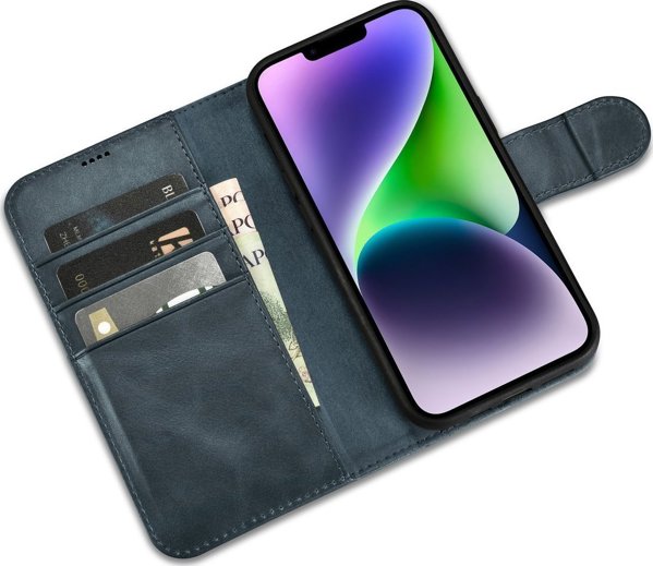 Θήκη πορτοφολιού iCarer iCarer Oil Wax 2σε1 για iPhone 14 Plus δερμάτινη θήκη με καπάκι Anti-RFID μπλε (WMI14220723-BU)
