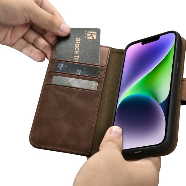 iCarer iCarer Oil Wax Wallet Case 2in1 θήκη iPhone 14 δερμάτινη θήκη με καπάκι Anti-RFID καφέ (WMI14220721-BN)