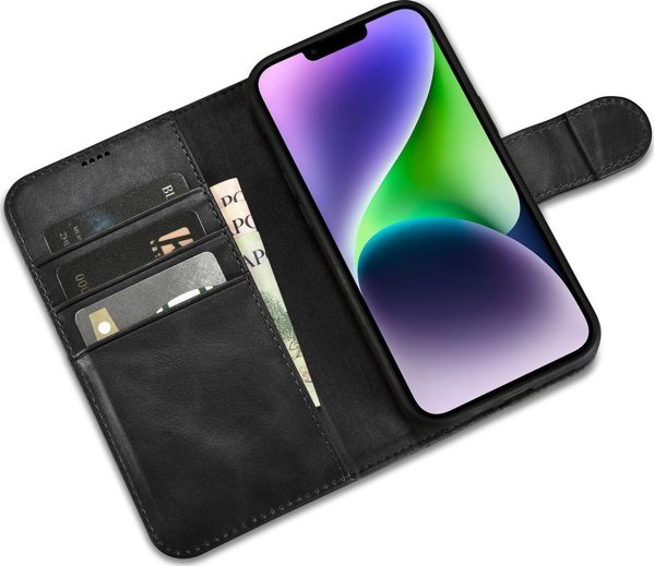 iCarer iCarer Oil Wax Wallet Case 2in1 θήκη iPhone 14 Plus δερμάτινη θήκη με καπάκι Anti-RFID μαύρο (WMI14220723-BK)