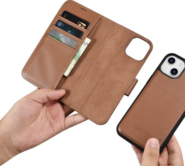 iCarer iCarer Θήκη Πορτοφόλι 2σε1 θήκη iPhone 14 δερμάτινη θήκη με καπάκι Anti-RFID καφέ (WMI14220725-BN)
