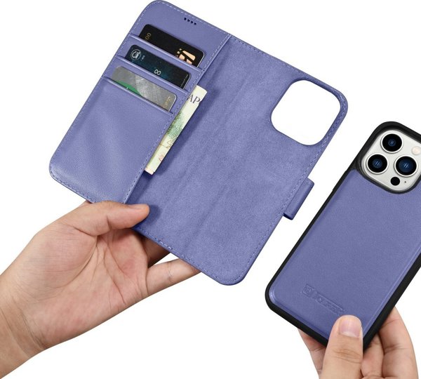 iCarer iCarer Wallet Case 2in1 θήκη iPhone 14 Pro Max δερμάτινη θήκη με καπάκι Anti-RFID ανοιχτό μοβ (WMI14220728-LP)