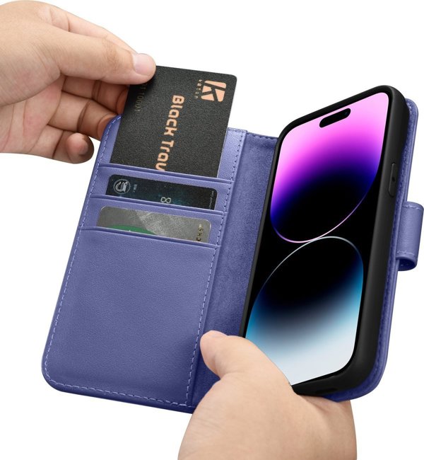 iCarer iCarer Wallet Case 2in1 θήκη iPhone 14 Pro Max δερμάτινη θήκη με καπάκι Anti-RFID ανοιχτό μοβ (WMI14220728-LP)
