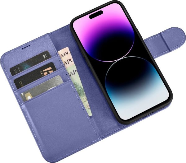 iCarer iCarer Wallet Case 2in1 θήκη iPhone 14 Pro Max δερμάτινη θήκη με καπάκι Anti-RFID ανοιχτό μοβ (WMI14220728-LP)