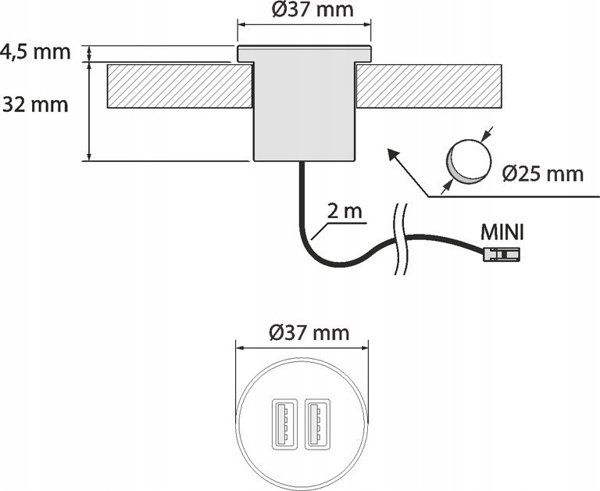 Ενσωματωμένος φορτιστής USB, επίπλων, με είσοδο 12Vdc USB-A + USB-C, 2.1A, με σύνδεση L813 Design Light