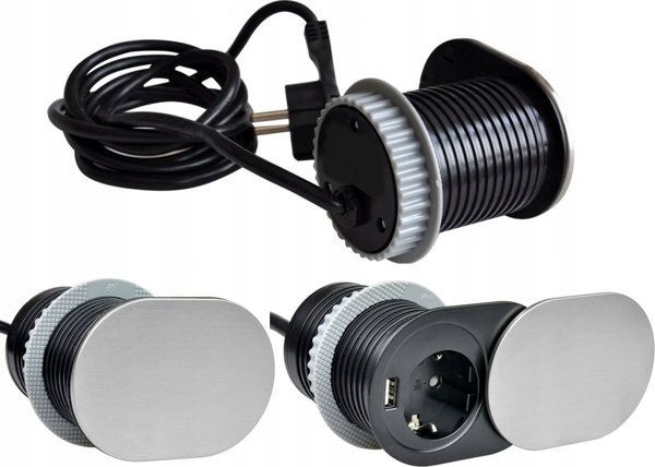 Πρίζα ενσωματωμένη σε έπιπλο 1x Schuko, 1xUSB (φόρτιση 5V 2.4A) 1.9m από ανοξείδωτο ατσάλι Design Light