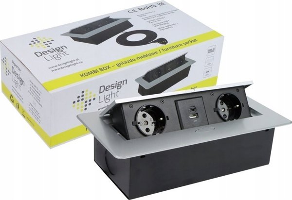 Πολύπριζο ενσωματωμένο στο έπιπλο KOMBI BOX, 2x Schuko, 1x USB, 1x USB-C, με γκρι πλαίσιο, καλώδιο 3m