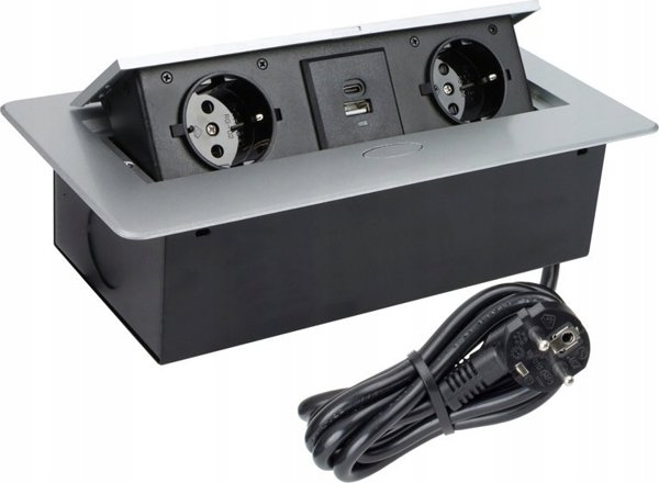 Πολύπριζο ενσωματωμένο στο έπιπλο KOMBI BOX, 2x Schuko, 1x USB, 1x USB-C, με γκρι πλαίσιο, καλώδιο 3m
