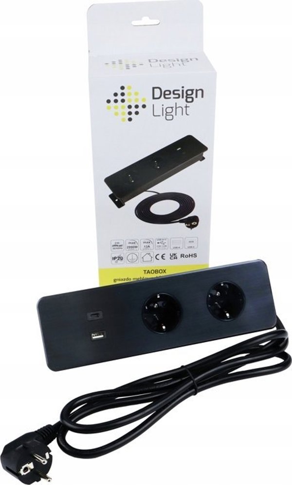 Προέκταση τοποθετημένη σε έπιπλο TAOBOX 2x Schuko πρίζες 1x USB, 1x USB-C 1.5m μαύρο Design Light
