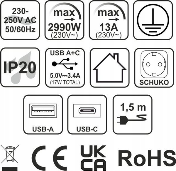 Προέκταση τοποθετημένη σε έπιπλο TAOBOX 2x Schuko πρίζες 1x USB, 1x USB-C 1.5m μαύρο Design Light