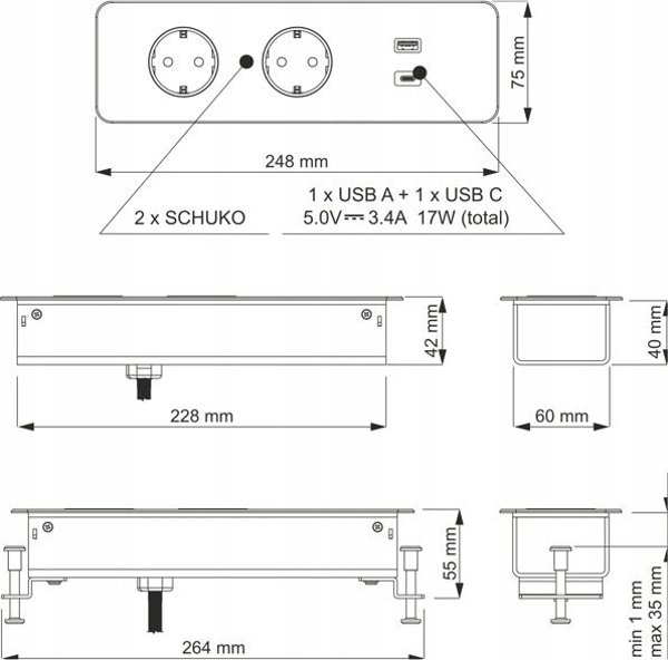 Προέκταση τοποθετημένη σε έπιπλο TAOBOX 2x Schuko πρίζες 1x USB, 1x USB-C 1.5m μαύρο Design Light