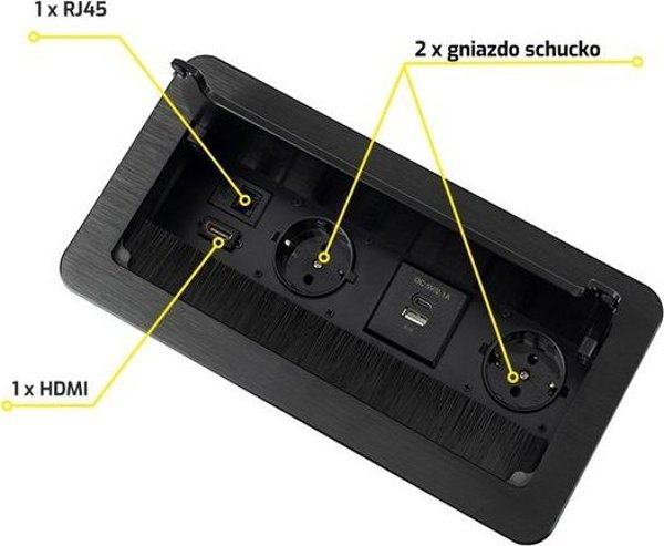 Πολύπριζο ενσωματωμένο σε έπιπλο INBOX, 2x Schuko, 1x USB A, 1x USB-C, HDMI, RJ45, με καλώδιο μήκους 1.5m, μαύρο
