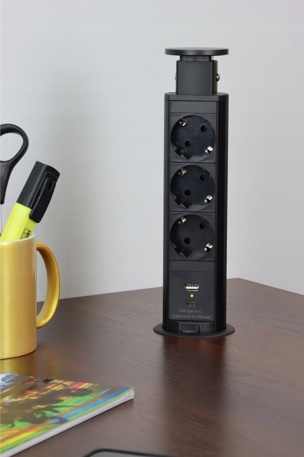 Ενσωματωμένη πρίζα επίπλου LIFT BOX, 3x Schuko, 1x USB A, 1x USB C, με καλώδιο μήκους 1.5m, μαύρο