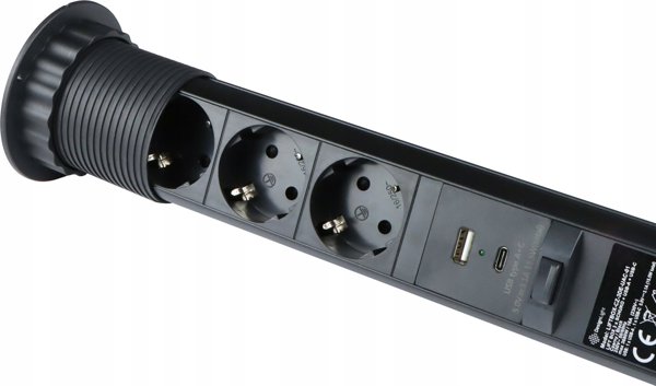 Ενσωματωμένη πρίζα επίπλου LIFT BOX, 3x Schuko, 1x USB A, 1x USB C, με καλώδιο μήκους 1.5m, μαύρο